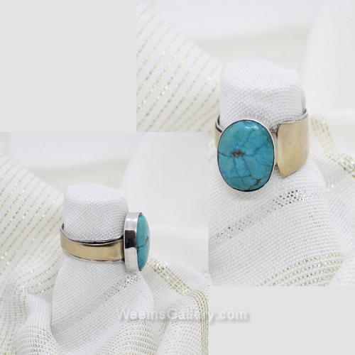 Wrap Ring- Sterling Silver & Brass with Oval Turquoise by Barbara Shewnack